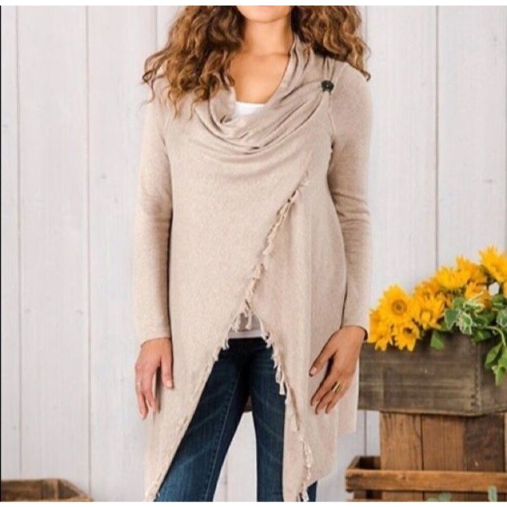 Matilda Jane Fringe Wrap Cardigan Sweater Come On Over Style Beige NWT Medium